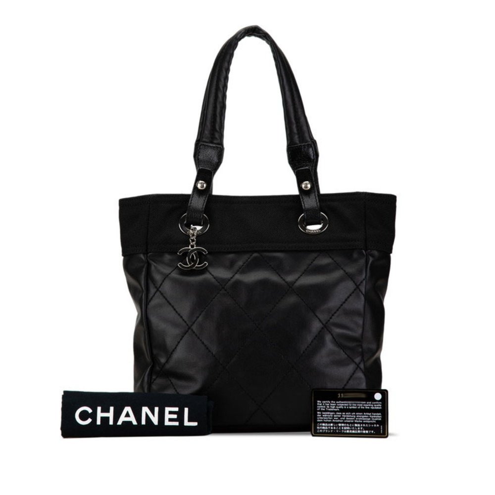 CHANEL Paris Biarritz PM Tote Bag Shoulder A34208 Black Leather Canvas Women's - Picture 7 of 8